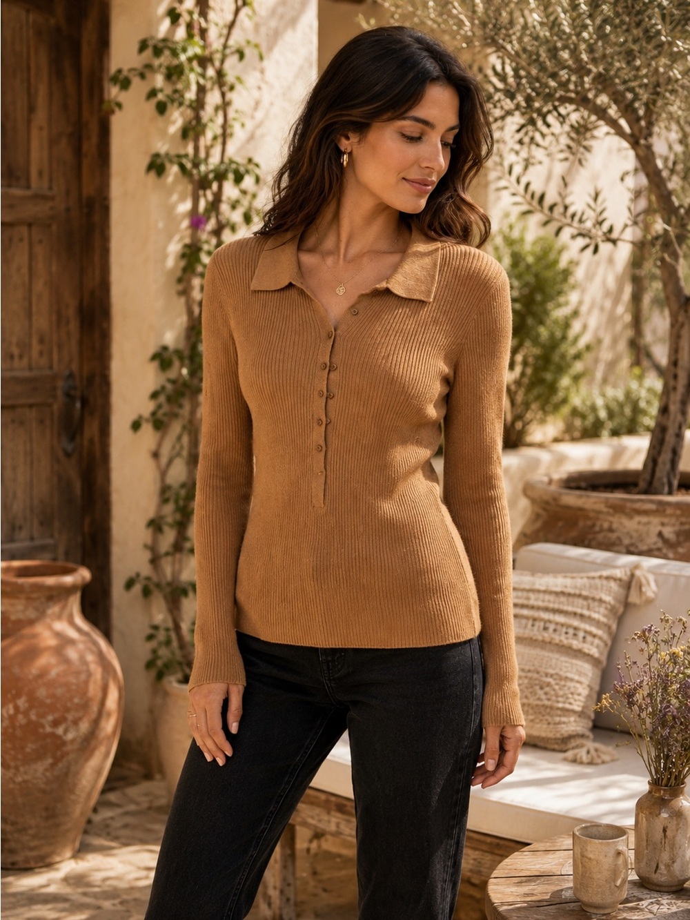 Maeve by Anthropologie Ribbed Knit‎ Polo Sweater Camel Long Sleeve Buttons Small